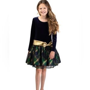 Bonnie Jean Girls Size 10 BLUE GREEN GOLD BOW" Christmas Hipster Dress